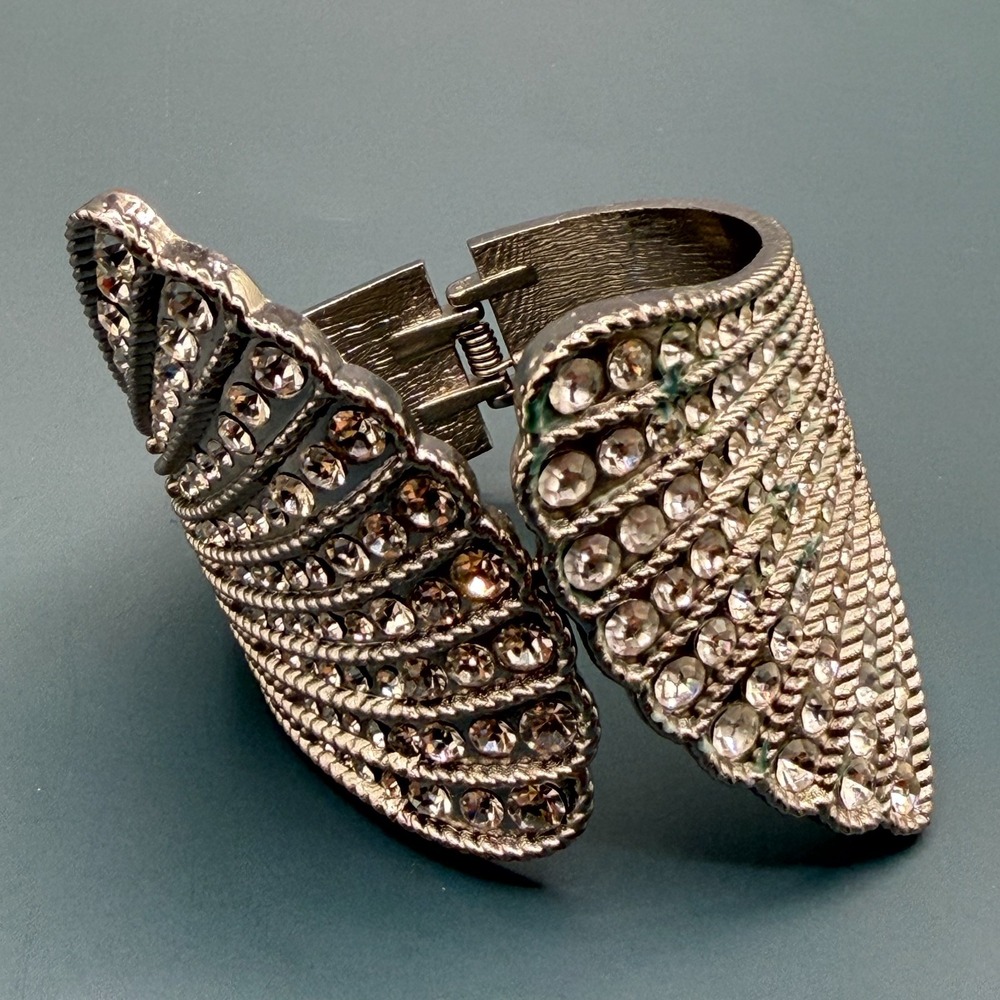 Silver Tone Crystal Rhinestone Angel Wings Cuff Bracelet Statement Glam Vintage